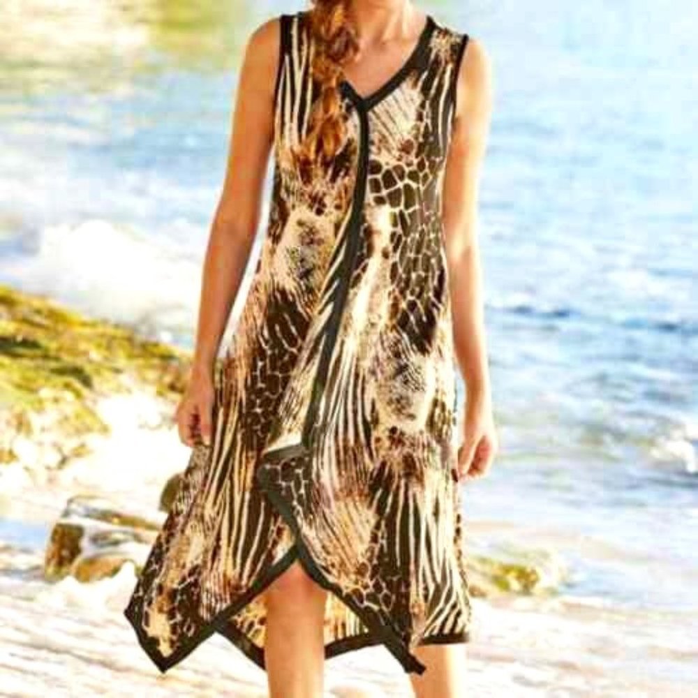 SOFT SURROUNDINGS Midi Dress Size M Slinky Stretch Extravaganza Animal Print